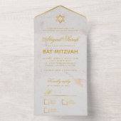 Bat Mitzvah Marble Faux Gold Star Elegant Script All In One Uitnodiging (Binnen)