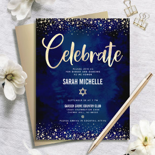 Bat Mitzvah Marine Goud Folie Glitter Script Moder Informatiekaartje