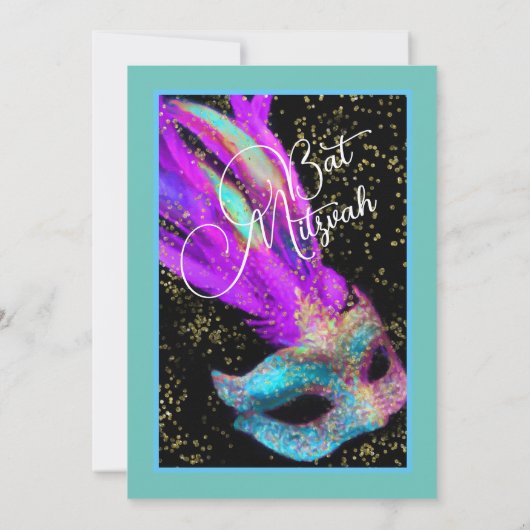 Bat mitzvah Masquerade noir rose bleu Invitation (Dos)