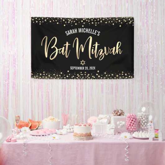 Bat Mitzvah Modern Black Gold Foil Glitter Script Spandoek (Feest)