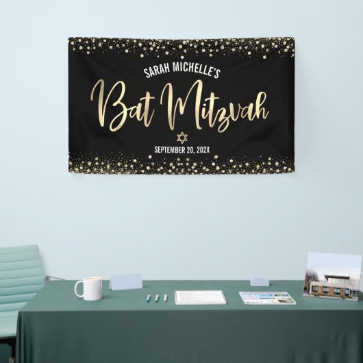 Bat Mitzvah Modern Black Gold Foil Glitter Script Spandoek (Beurs)