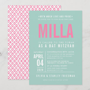 BAT MITZVAH modern bloktype pastel mint roze Kaart