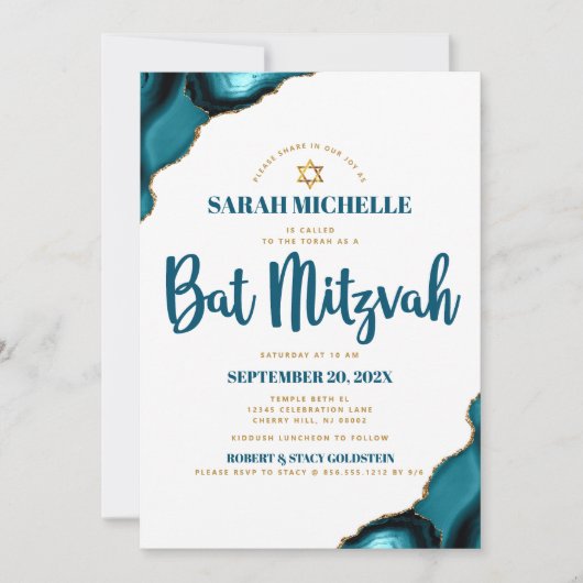 Bat Mitzvah Modern Eenvoudig Turquoise Agaat Scrip Kaart (Voorkant)