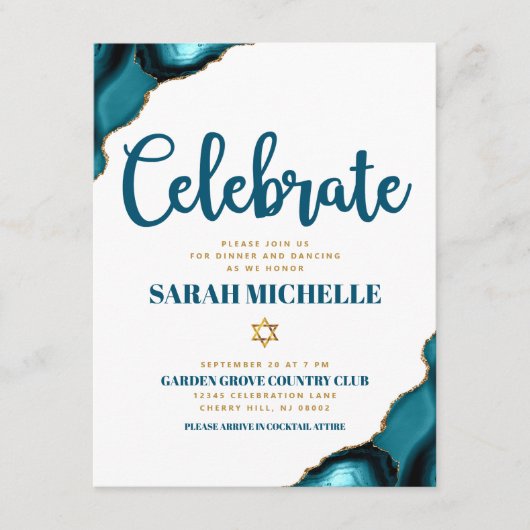 Bat Mitzvah Modern Goud Turquoise Agaat Script Informatiekaartje (Voorkant)