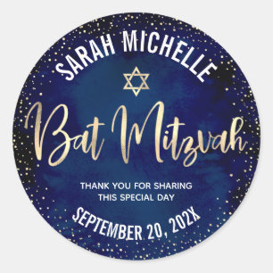 Bat Mitzvah Modern Navy Blauw Goud Glitter Script Ronde Sticker
