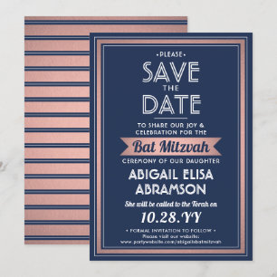 Bat Mitzvah Modern Navy Blue Roze Rose Gold Trendy Save The Date