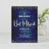Bat Mitzvah Modern Navy Gold Glitter Folie Script Kaart (Staand voorkant)