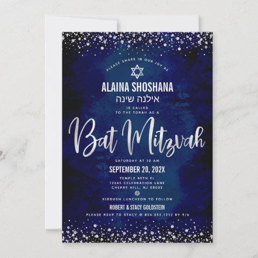Bat Mitzvah Modern Navy Silver Foil Glitter Script Kaart (Voorkant)