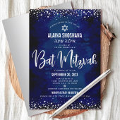 Bat Mitzvah Modern Navy Silver Foil Glitter Script Kaart