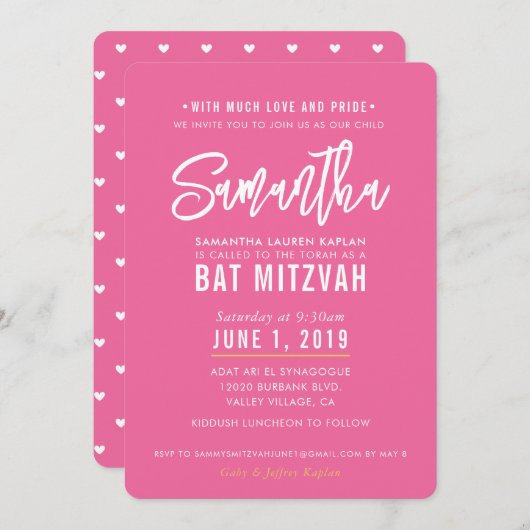 BAT MITZVAH modern  roze wit script goud Kaart (Voorkant / Achterkant)