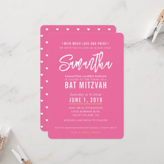 BAT MITZVAH modern  roze wit script goud Kaart (Voorkant / Achterkant in situ)
