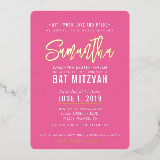 BAT MITZVAH modern script roze goud Folie Uitnodiging (Voorkant)