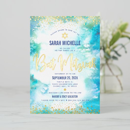 Bat Mitzvah modern turkooise waterverf echt goud Folie Uitnodiging (Staand Voorkant)