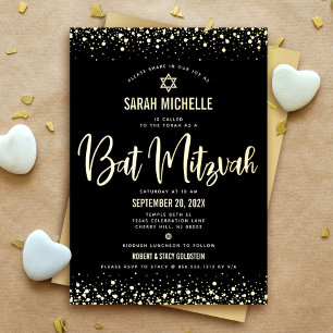Bat Mitzvah Modern Vet Schrift Zwart Echt Goud Folie Uitnodiging