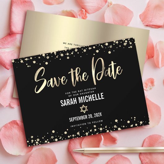 Bat Mitzvah Modern Zwart Goud Glitter Script Vet Save The Date