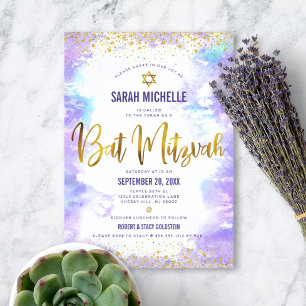Bat Mitzvah moderne goud folie paarse waterverf Kaart