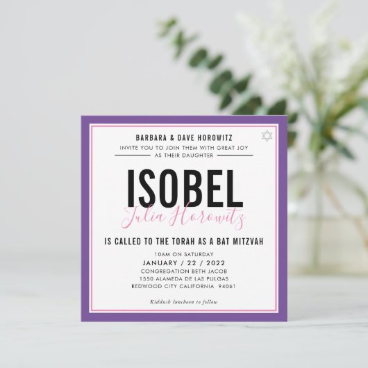 BAT MITZVAH moderne minimalistische kleur roze paa Kaart (Staand voorkant)