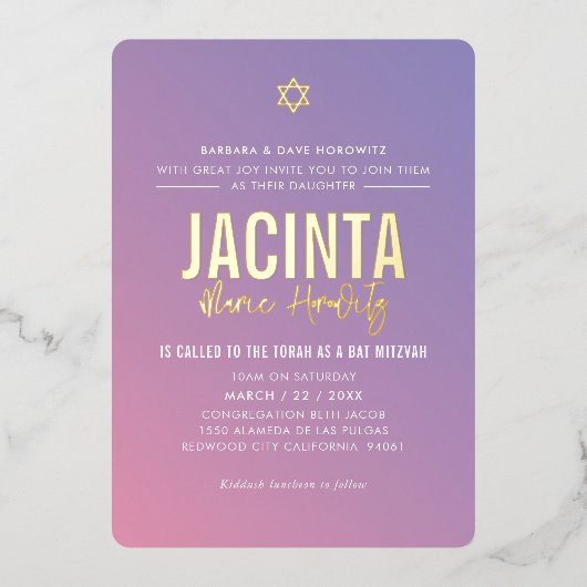 BAT MITZVAH moderne ster paars roze verloop  Folie Uitnodiging (Voorkant)
