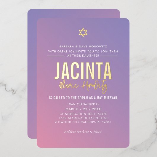 BAT MITZVAH moderne ster paars roze verloop  Folie Uitnodiging (Voorkant / Achterkant)