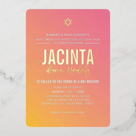 BAT MITZVAH moderne ster roze geel verloop  Folie Uitnodiging (Voorkant)
