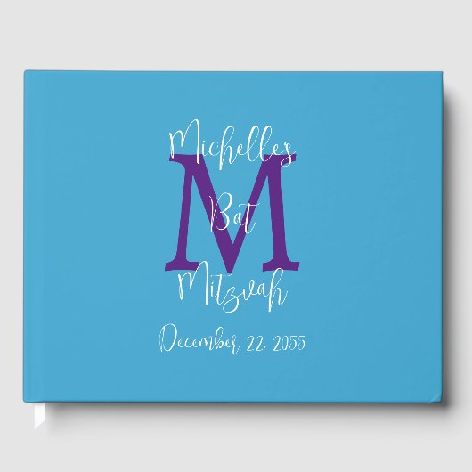 Bat Mitzvah Monogram Sky Blue Paarse Wit Inloggen Gastenboek (Voorkant)