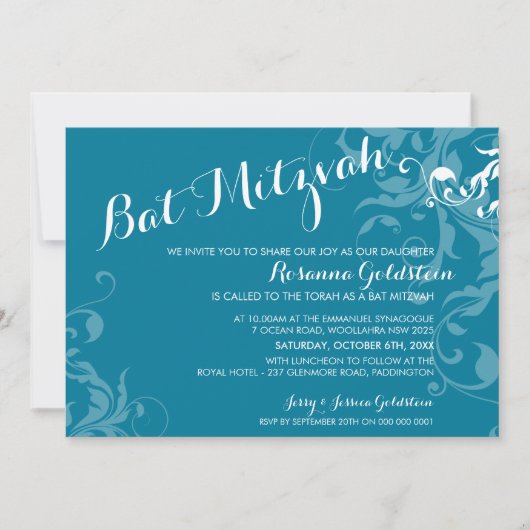 BAT MITZVAH NODIGT elegante bloeiende turkoois uit Kaart (Voorkant)