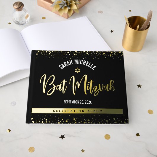 Bat Mitzvah Noir Écriture Moderne Feuille d'Or Rée (Recto ouvert)