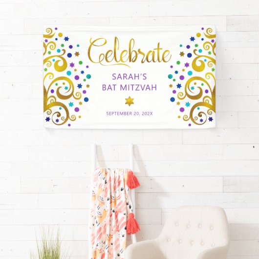 Bat Mitzvah Paarse Gold Foil Script Tree of Life Spandoek (Insitu)