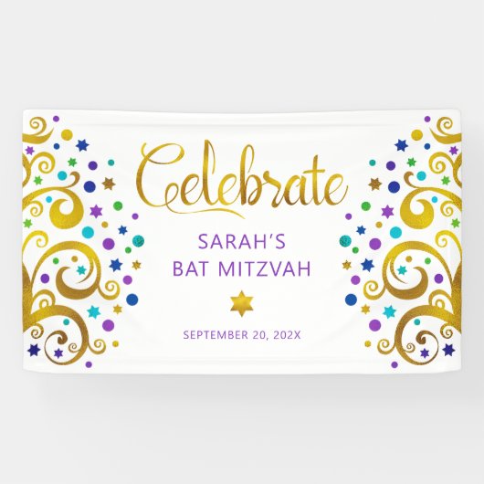 Bat Mitzvah Paarse Gold Foil Script Tree of Life Spandoek (Horizontaal)