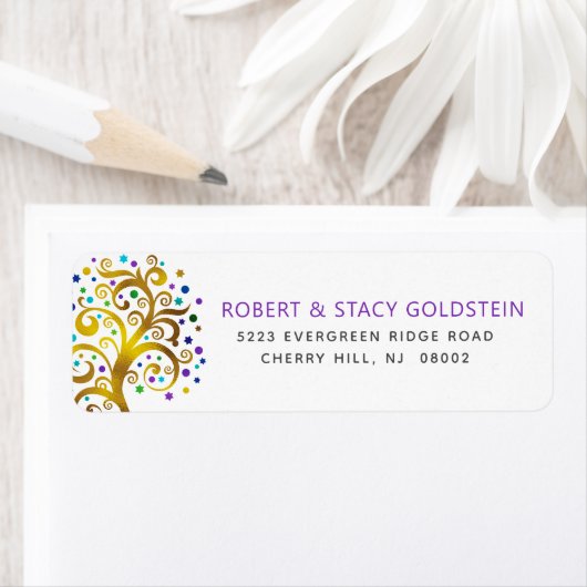 Bat Mitzvah Paarse Gouden Boom o Leven Retouradres Etiket (Insitu)