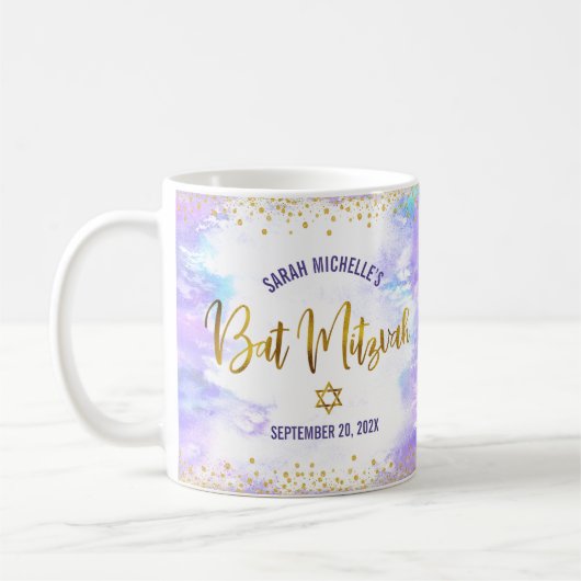Bat Mitzvah Paarse Waterverf Gouden Schrift Confet Koffiemok (Links)