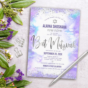 Bat Mitzvah paarse waterverf zilver folie schrift Kaart