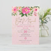 Bat Mitzvah Pink Floral Waterverf Gold Script Kaart (Staand voorkant)