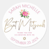 Bat Mitzvah Pink Floral Waterverf Gold Script Ronde Sticker (Voorkant)