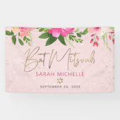Bat Mitzvah Pink Floral Waterverf Gold Script Spandoek (Horizontaal)