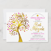 Bat Mitzvah Pink Gold Foil Script Tree of Life Kaart (Voorkant)
