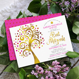Bat Mitzvah Pink Gold Foil Script Tree of Life Kaart