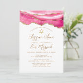 Bat Mitzvah Pink Gold Glitter Agate Invitation Kaart (Staand voorkant)