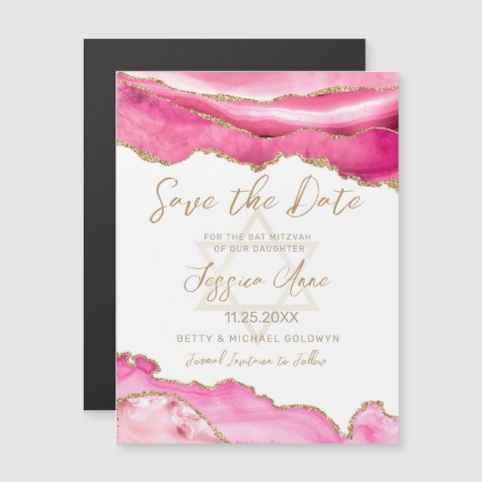 Bat Mitzvah Pink Gold Glitter Agate Save the Date (Voorkant / Achterkant)
