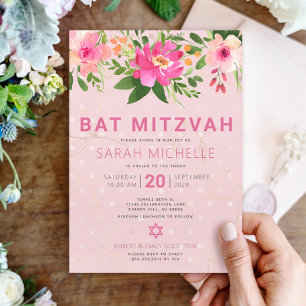 Bat Mitzvah Pink Waterverf Floral Modern Simple Kaart