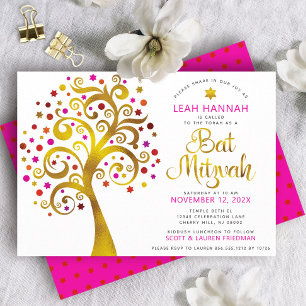 Bat Mitzvah Red Gold Foil Modern Bold Tree of Life Kaart