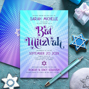 Bat Mitzvah Retro Boho Blauw Paars Gradiënt Kaart