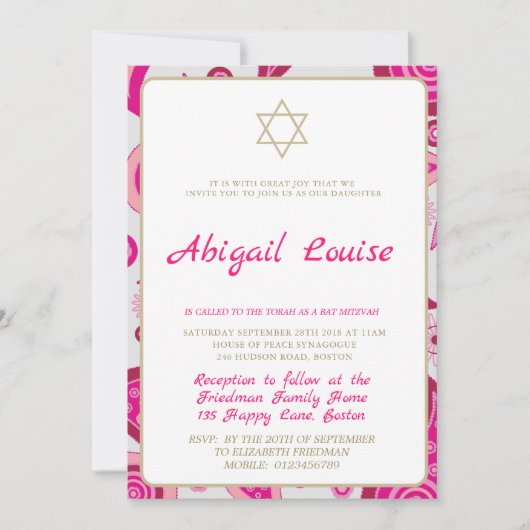 Bat mitzvah rose étoile de David Invitation modern (Devant)