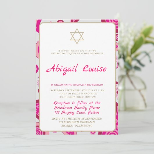 Bat mitzvah rose Motif Invitation moderne (Debout devant)