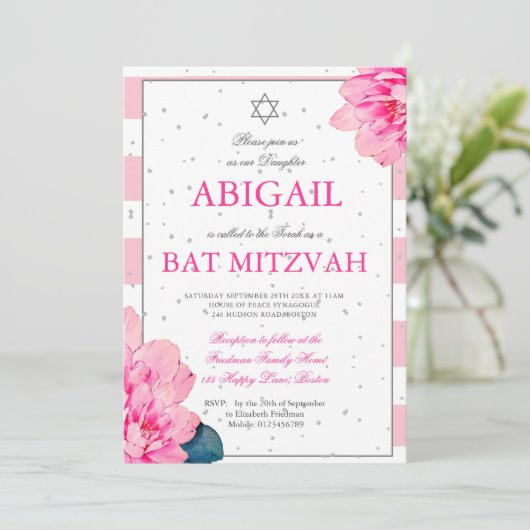 Bat mitzvah Rose Roses Hébreu Argent Invitation (Debout devant)