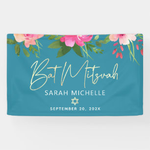 Bat Mitzvah Roze Bloemen Goud Script Turquoise Bol Spandoek