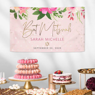 Bat Mitzvah Roze Bloemschildering Gouden Script Spandoek