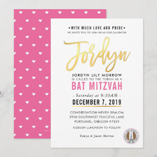 BAT MITZVAH roze gouden script JORDYN Kaart