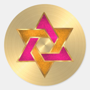 Bat Mitzvah Roze Oranje Davidster Goud Ronde Sticker