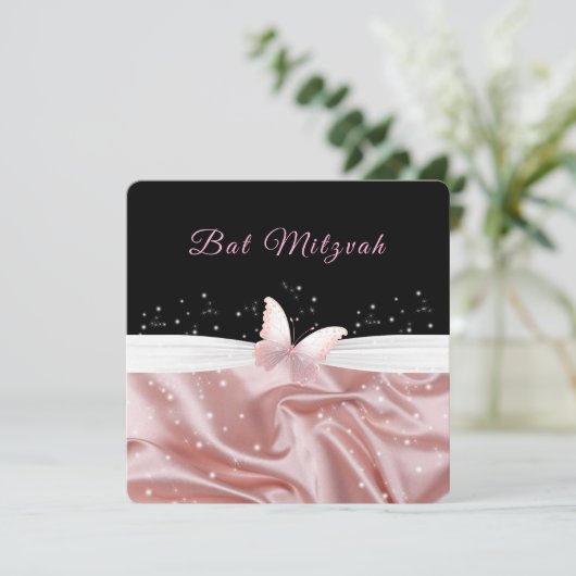 Bat Mitzvah Roze Satijnen Vlinder Glitter Kaart (Staand voorkant)